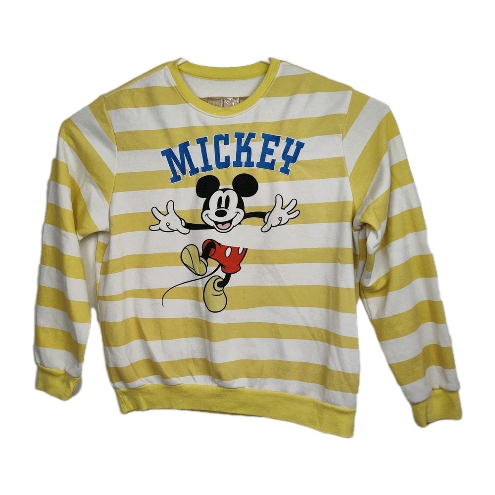 VTG Disney Mickey Mouse Sweatshirt Women XL White/Yellow Stripes‎ Mickey Graphic